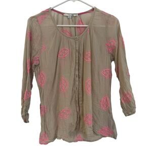 Boden Women's Khaki Embroidered Pink Boho Flowy Cotton Peasant Blouse Top 6R